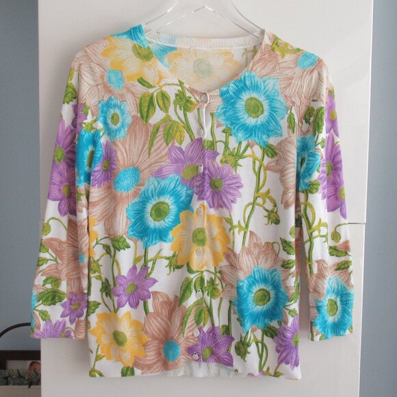 Talbots Sweater Cardigan Floral Sz. M Long Sleeve Button Front, Multicolor *Flaw - Picture 1 of 10